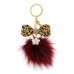 Key Chain - Fox Fur Pom Pom w/ Leopard Print Bow - Burgundy - KC-YQ002BG